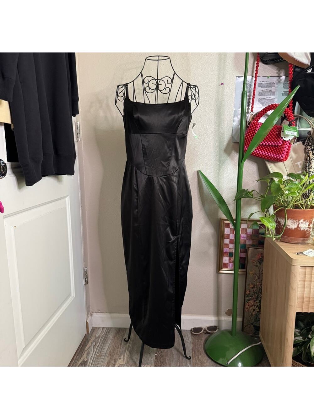 Lulus Certain Stunner Black Satin Bustier Midi Dress M